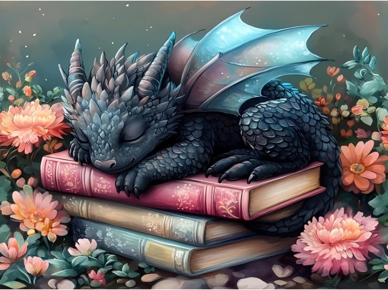 Dragon Flower Book Stamped Cross Stitch Kit – Beginner-Friendly 11CT Pre-Printed Canvas with Threads & Needles, DIY Needlepoint Embroidery, 15.7×11.8 Inch